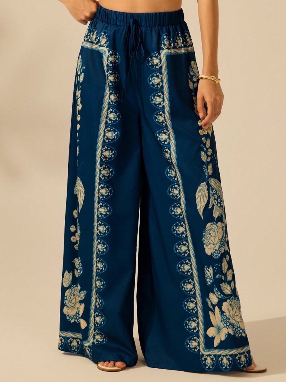 Dark Blue Boho Women's Tropical Plant Print Pants - Picture 4 of 7